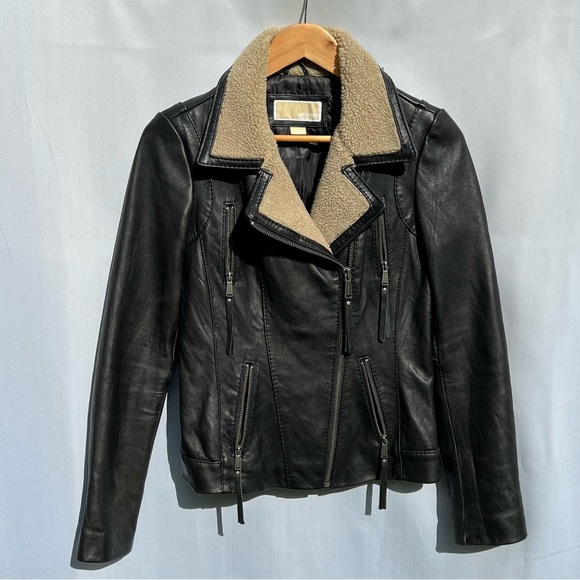 Michael Kors Jacket 100% Genuine Leather Aviator Zipped Jacket Sherpa Collar A1 - Picture 3 of 10